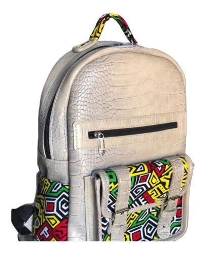 Handmade cream croc-texture leather kids' backpack with kitenge print panels