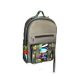Handmade grey leather kids' backpack with a colourful kitenge print pocket
