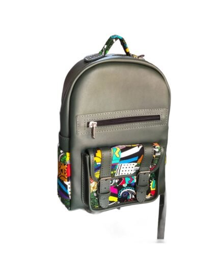 Handmade grey leather kids' backpack with a colourful kitenge print pocket