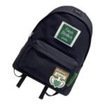 Kids' navy nylon school backpack with a green front patch and winged heart badges