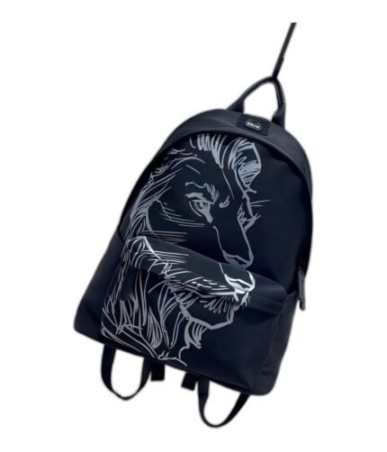 Kids' navy nylon school backpack with a white line-art lion print
