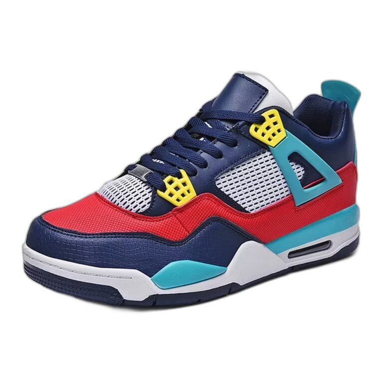 Kids' navy, red and teal high-top sports trainers with a chunky white midsole