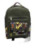 Handmade olive leather kids' backpack with a wide kitenge print panel
