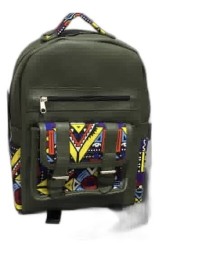 Handmade olive leather kids' backpack with a wide kitenge print panel