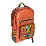 Handmade tan orange leather kids' backpack with a kitenge print pocket and strap