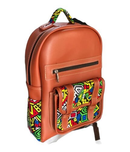 Handmade tan orange leather kids' backpack with a kitenge print pocket and strap