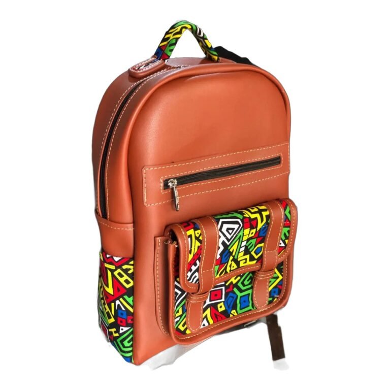 Handmade tan orange leather kids' backpack with a kitenge print pocket and strap