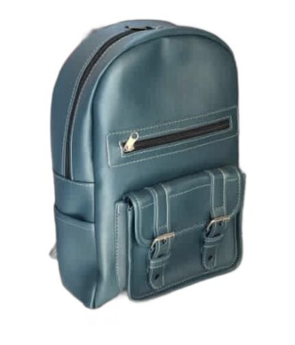 Handmade teal leather kids' backpack with a zip pocket and twin buckle pockets